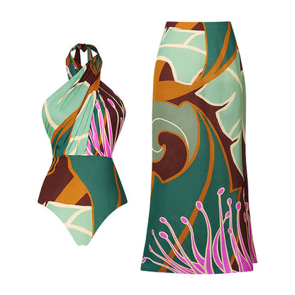 Halterneck Printed One Piece Swimsuit Women Clothing Wear