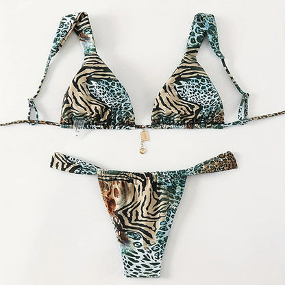 Printed Lace up Swimsuit Women Three Point Sexy Beach Bikini Spring Swimsuit