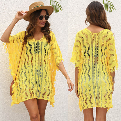 Women Clothing Sexy Hollow Out Cutout See-through Woven Blouse Wave Pattern Loose Beach Dress for Women