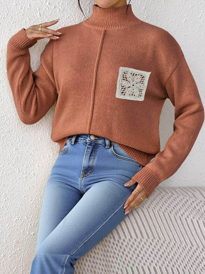 Autumn Winter Women Clothing Solid Color Half Collar Pullover Sweater Sequined Hollow Out Cutout Pocket Stitching Sweater for Women