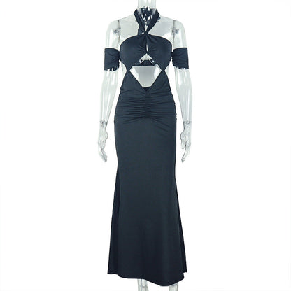 Women Wear Halter Slim Fit Fishtail Dress Solid Color Hollow Out Cutout out Dress Elegant Graceful Dress