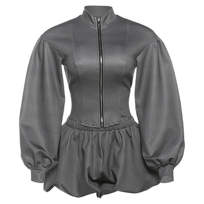 Women Clothing Autumn Personalized Stand up Collar Slim Fit Zipper Coat Sexy Hip Wrapped Pants Skirt Set for Women