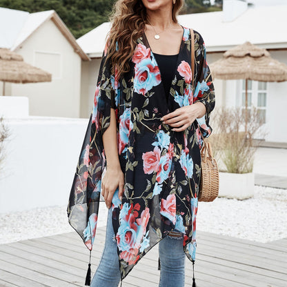 Spring Summer Casual Sun Proof Blue Pink Rose Printed Tassel Blouse Mid Length Sun Proof Clothing