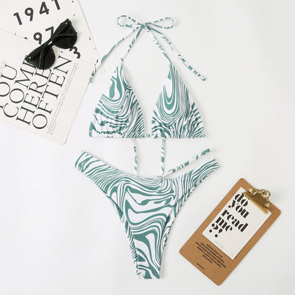 Multi Color Digital Printing Women Split Bikini Lace Up Swimsuit