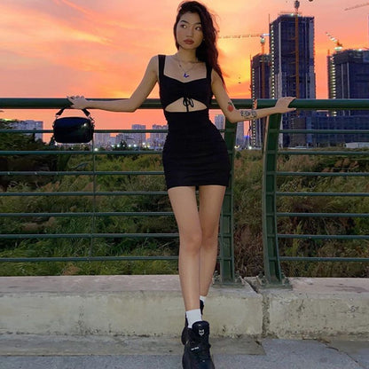 Summer Pleating Solid Color Tied Sexy Tight Sexy Strap Dress