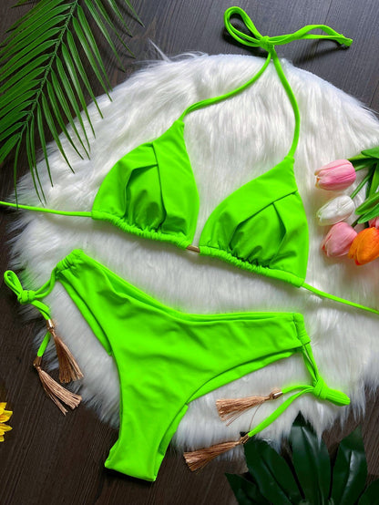 Tassel Solid Color Bikini Swimsuit Set Beach Sexy Women Swimsuit