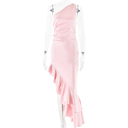 Autumn Sexy Oblique Shoulder Sleeveless Hip Backless High Slit Sexy Slim Fit Dress
