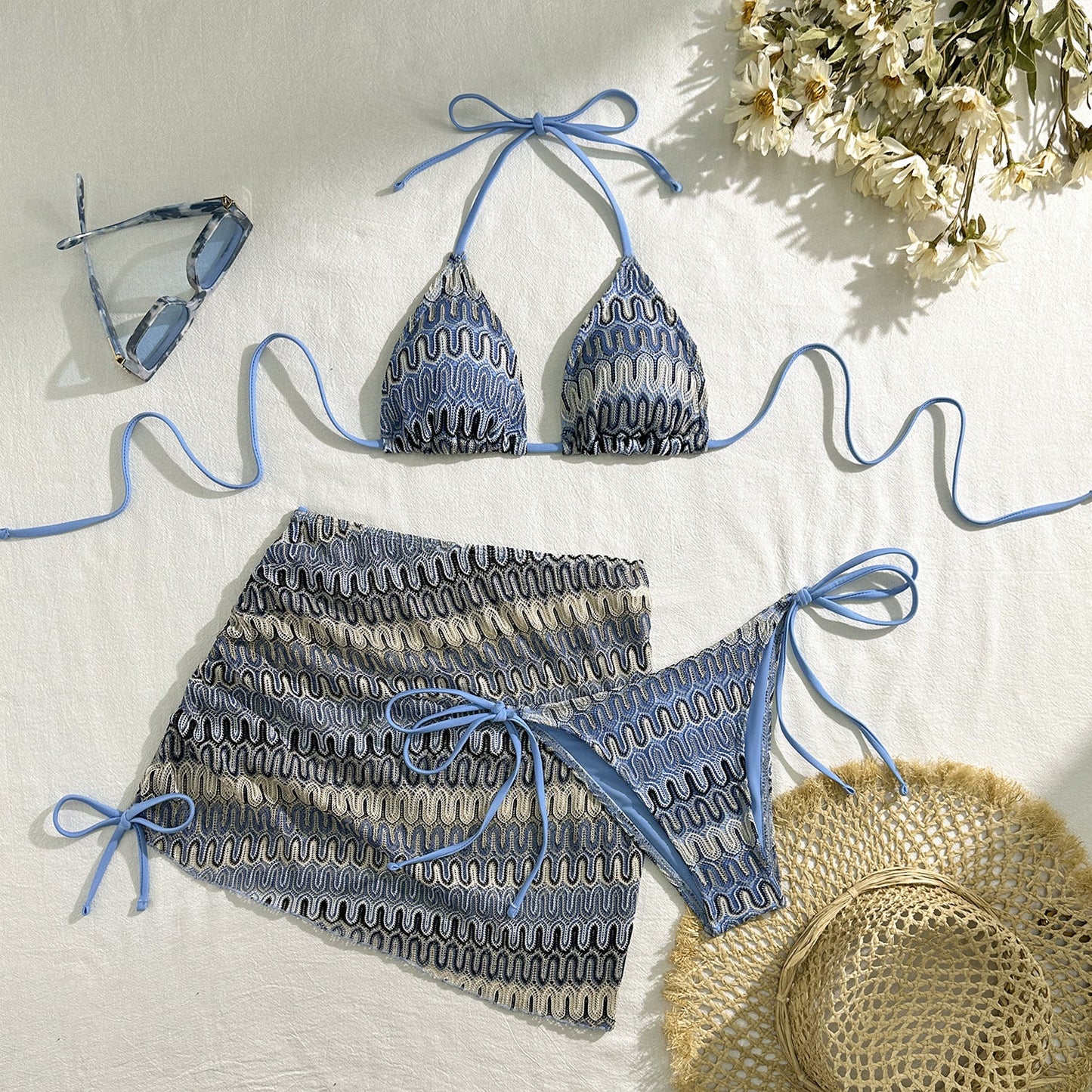 Embroidery Gradient Sexy Three Piece Suit Swimwear Swimsuit Bikini Bikini