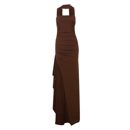 Women Clothing Summer Elegant Sexy Scarf Collar Slim Fit Slit Backless Dress Tube Top Dress