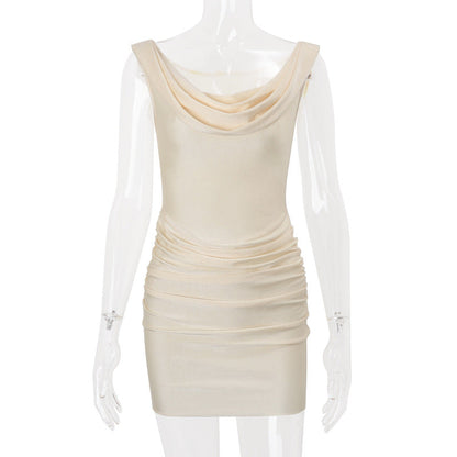 Women Clothing Summer Sexy Overlapping Collar Slim Fit Pleated Solid Color Sheath Dress Women