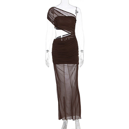 Women Clothing Summer Sexy off Shoulder Gauze Hollow Out Cutout Slim Fit Pleated See through Dress
