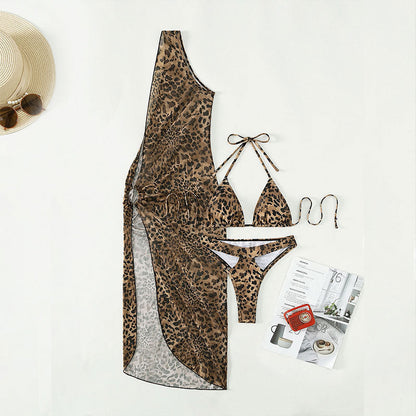 Leopard Print Halter Three Piece Mesh Swimsuit Women Bikini Sun Protection Sexy Swimsuit