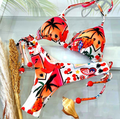 Swimsuit Women Printed Triangle Bikini Lace Up Three Point Bikini Swimsuit