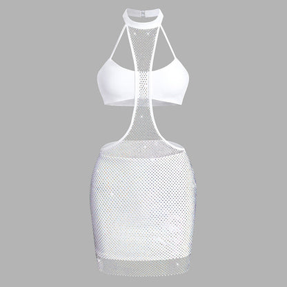 High Neck Cami Bra Sexy Siamese Cropped Outfit Hip Skirt Net Drill Women Milk Silk