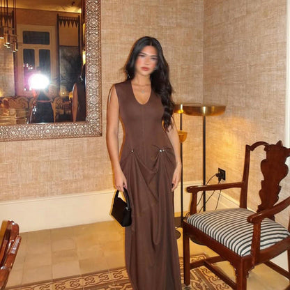 Sexy Sleeveless Dress Summer U Collar Fitted Waist Pleated Design Solid Color Dress Women