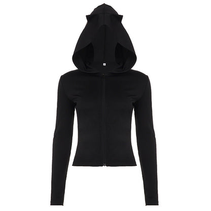 Sexy Little Devil Zipper Hooded Sweater Women Street Solid Color Slim Fit All Match Jacket