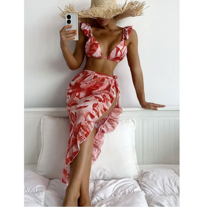 Women Clothing Sexy Bikini Ruffled Tied Apron Three Suits Swimsuit Tie Dye