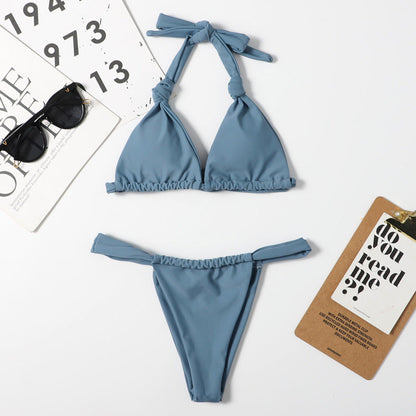 Nylon Double Sided Women Split Solid Color Sexy Bikini Halter Lace Up Triangle Bikini Swimsuit