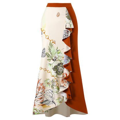 Women Swimsuit Elegant Printed Stitching Contrast Color Beach Sun Protection Skirt Shoulder Two Piece Swimsuit