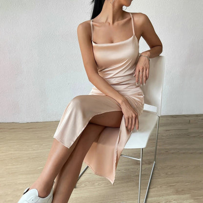 Satin Sling Dress Summer Split Mid Length Satin A line Drress