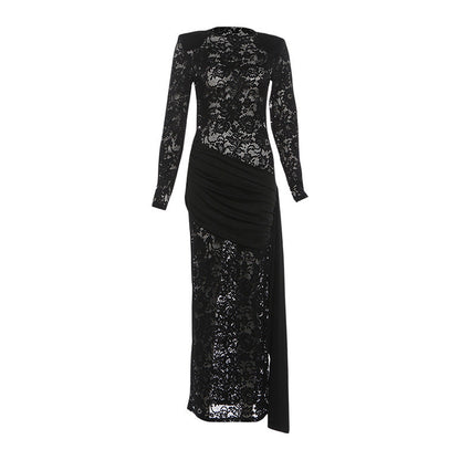 Autumn Winter Women Clothing round Neck See through Sexy Slim Side Slit Long Sleeve Elegant Dress