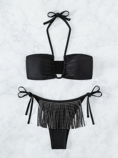 Tassel Rhinestone Sexy Tube Top Strappy V neck Halter Three Point Swimsuit Beach Bikini