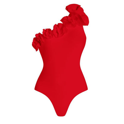 Red Oblique Shoulder Floral Decoration One Piece Swimsuit Women Clothing