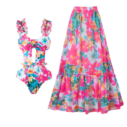 Siamese Conservative Swimsuit Printing Hollow Out Cutout Mesh Wrap Skirt Set Swimsuit