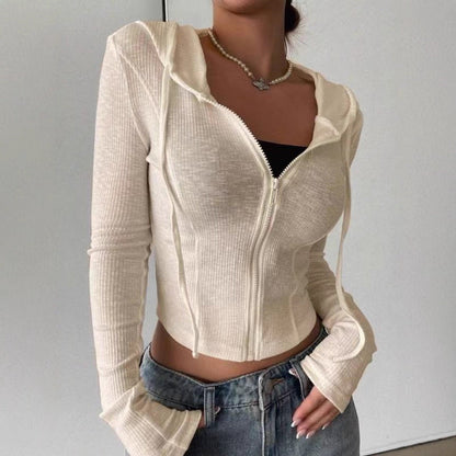 Fall Winter Knitwear Cardigan Top Slim Fit Sports Hoodie Short Zipper Hooded Sweatshirt