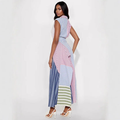 Women Clothes Cool Contrast Color Patchwork Stripes V neck Dress Irregular Asymmetric Cinched A line Dress