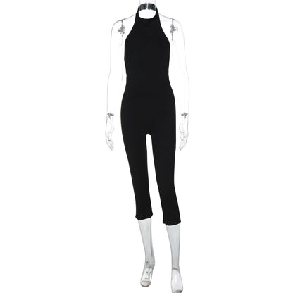 Women Clothing Summer Solid Color Sleeveless Halter Backless Sexy Slim Fit Bodysuit