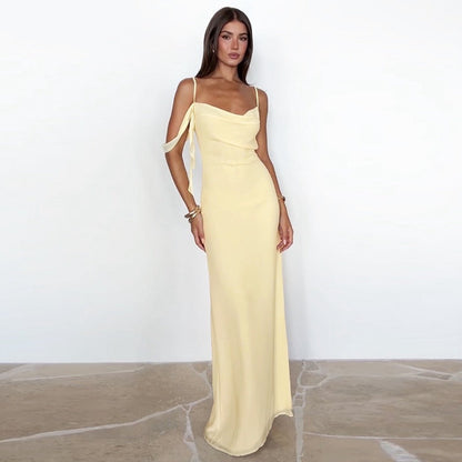 Women Clothing Summer French Sexy Low Cut Solid Color Sling Backless Dress