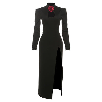 Fall Women Clothing Elegant Slim Fit Sexy Cutout High Slit Stand Collar Long Sleeve Dress Women