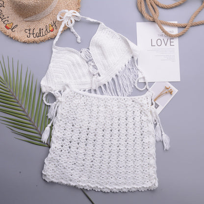 Retro Hand Crocheting Split Swimsuit Halter Strap Tassel Cutout A line Skirt Beach Skirt Women Set
