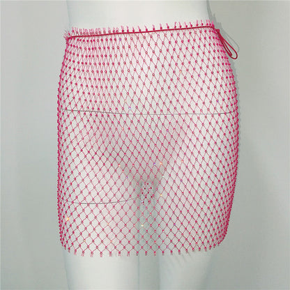Women Clothing Sexy Fishnet Rhinestone Skirt Sweet Spicy Mini Skirt Rhinestone Miniskirt Women