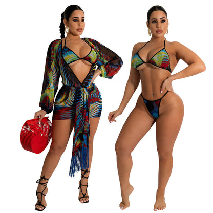 Summer Women Clothing Sexy Mesh See-through Swimsuit Bikini Three-Piece Suit