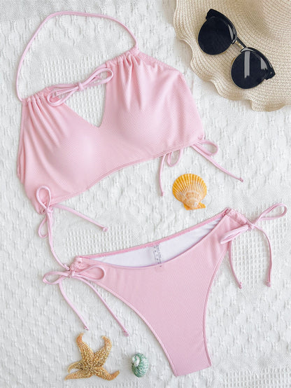 Women Bikini Double Bikini Open Back Swimsuit Sexy Swimsuit Women Tied Swimsuit Solid Color Bikini