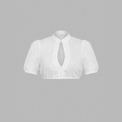 Women Elegant V neck Short Sleeved Simple Beer Clothes Shirt Hollow Out Cutout Embroidered Shirt Top