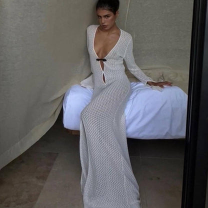 Hollow Out Cutout out Split Dress Beach Cover up V neck Beach Dress Long Mopping Fishtail Evening Dress for Women