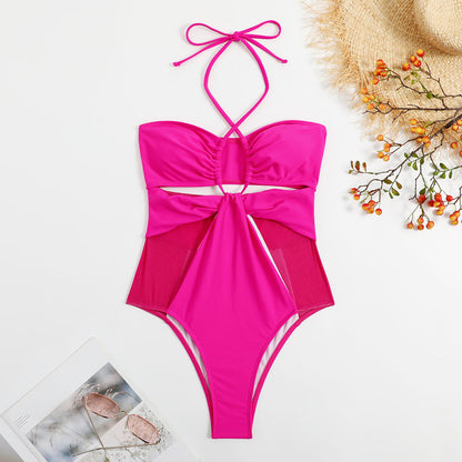 Solid Color One Piece Swimsuit Women Swimsuit Mesh Stitching Rose Red Hollow Out Cutout Siamese Bikini