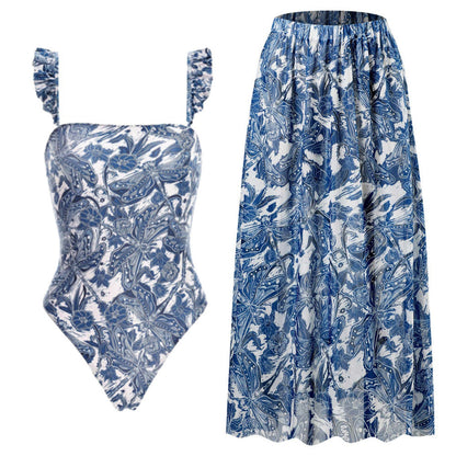 Flying Edge One Piece Women Swimwear European, French Retro Cover Belly Slimming Swimsuit Chiffon Beach Dress