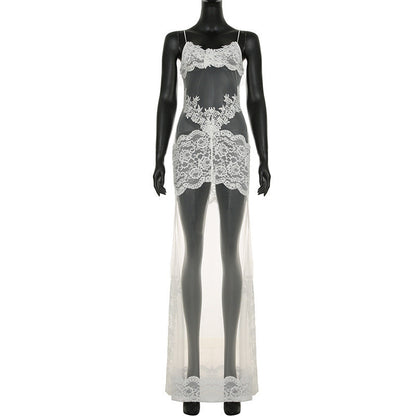 Summer Women Mesh Lace Lace Spaghetti Strap Dress See through Sexy Nightdress Vacation Maxi Dress