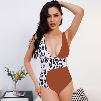 Sexy Leopard-Print One-Piece Swimming Suit Women Deep V Plunge Plunge Covering Belly Thin Swimsuit