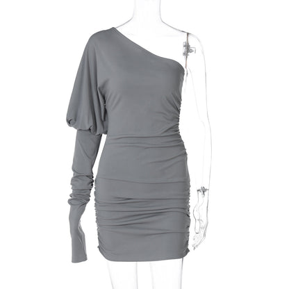 Women Clothing Winter Personality Slim Fit Diagonal Collar Shoulder Bag Hip Dress