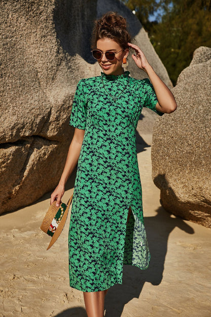 Summer Women Clothing Slimming Sheath Slit Slim-Fitting Floral Short Sleeve Vacation Large Swing Dress