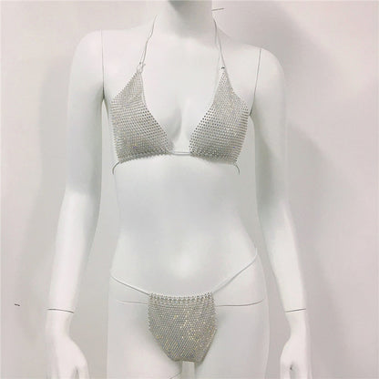 Women Clothing Rhinestone Bikini Set Carnival Sexy Lace Up Outdoor Beach Split Swimsuit
