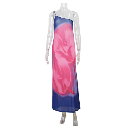Women Clothing Elegant Diagonal Collar Sling Bare Back Printed Dress Slim Fit Slit Dress