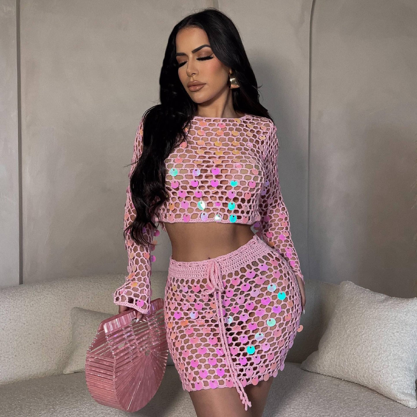Sexy Women Handmade Crocheted Sequined Skirt Two Piece Beach Skirt Set
