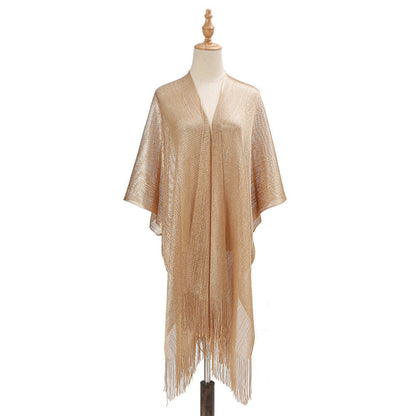 Beach Solid Color Sun Proof Tassel Knitting Beach Cover Up Sweater Shawl Cardigan