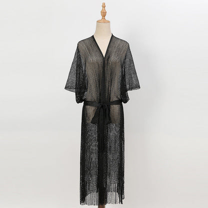 Summer Beach Sun Protection Shirt Gradient Color Lace Up Tassel Beach Cover Up Short Sleeve Knitted Long Cardigan
